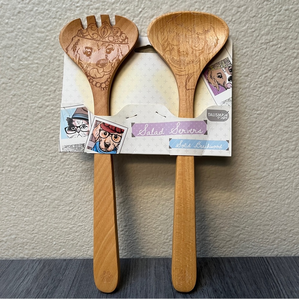 New Beechwood Salad Serving Utensils, Etched Dog Design